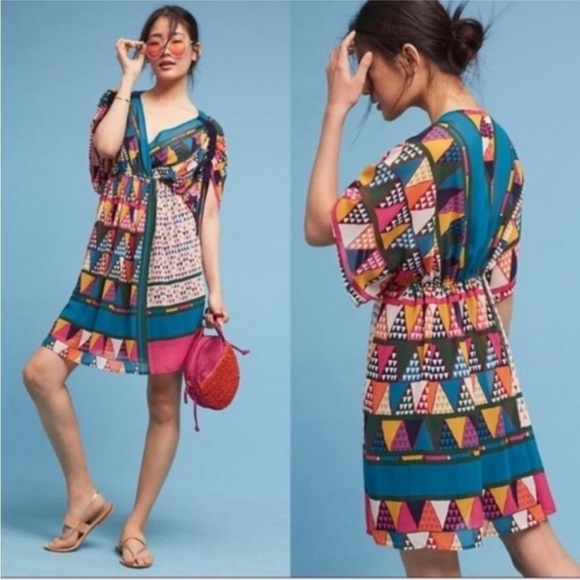 Anthropologie Dresses & Skirts - Maeve Anthropologie Semi Sheer Geometric Dress sz 4 V-Neck Cinch Shoulders Blue